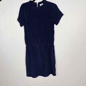 Vineyard Vines Size 4 Navy Blue Silk Gathered Neck Dress Cinch Waist Zip Back